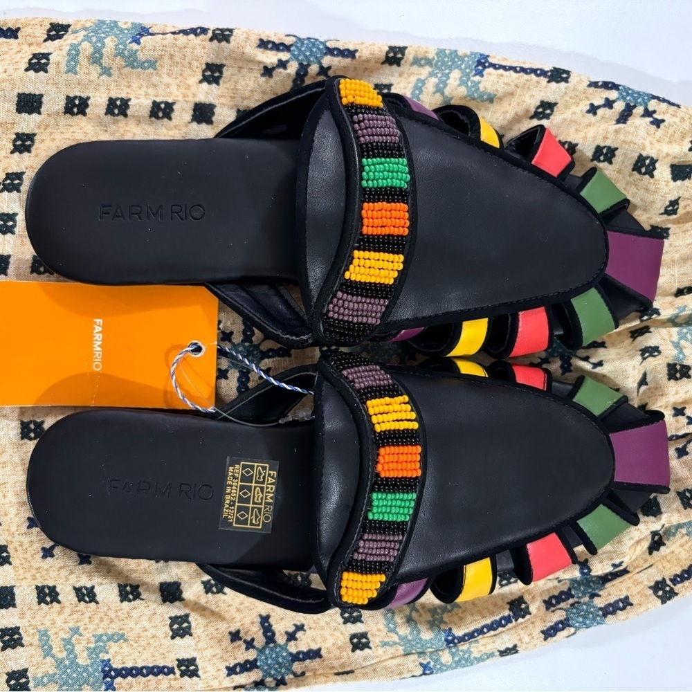 NWT FARM Rio Black Boho Rainbow Beaded Mules 7.5 - Picture 4 of 11
